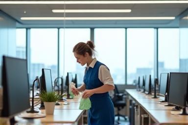 Professional cleaner sanitizing desks in a clean, well-organized modern office space