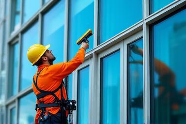 Window washing professional cleaning exterior windows of a multi-story building with squeegee and cleaning solution